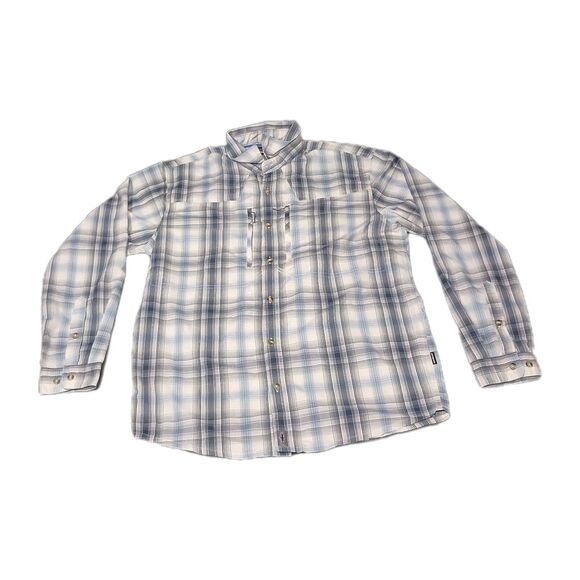 Patagonia Sun Stretch Shirt Mens M Blue Plaid Long Sleeve Backcountry Zip Pocket - Picture 12 of 16